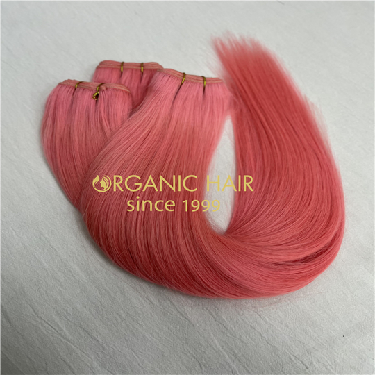 Pink human hair machine wefts hair extensions H3